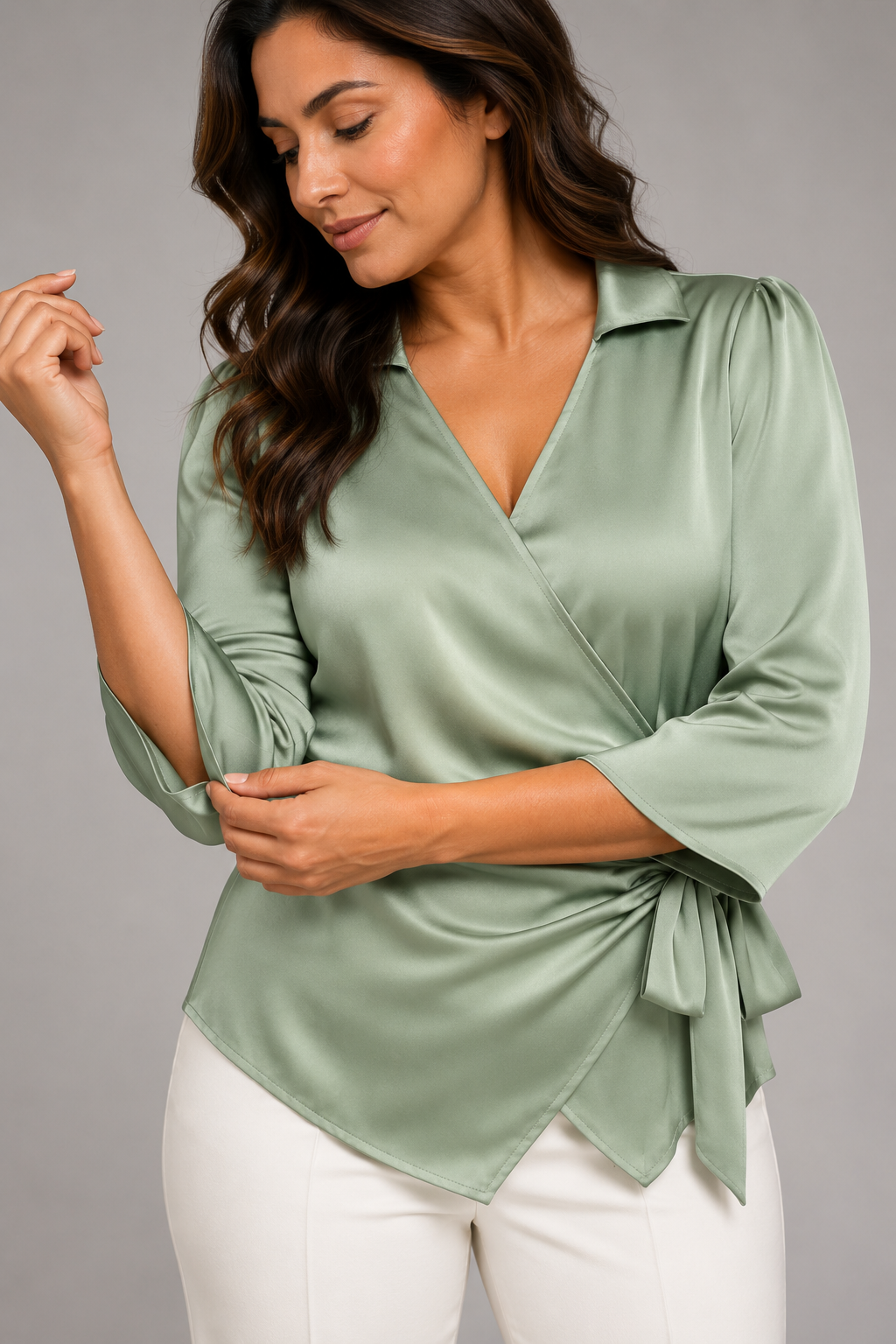 Wrap-Front Tie-Waist Blouse in Light Green, fabric detail