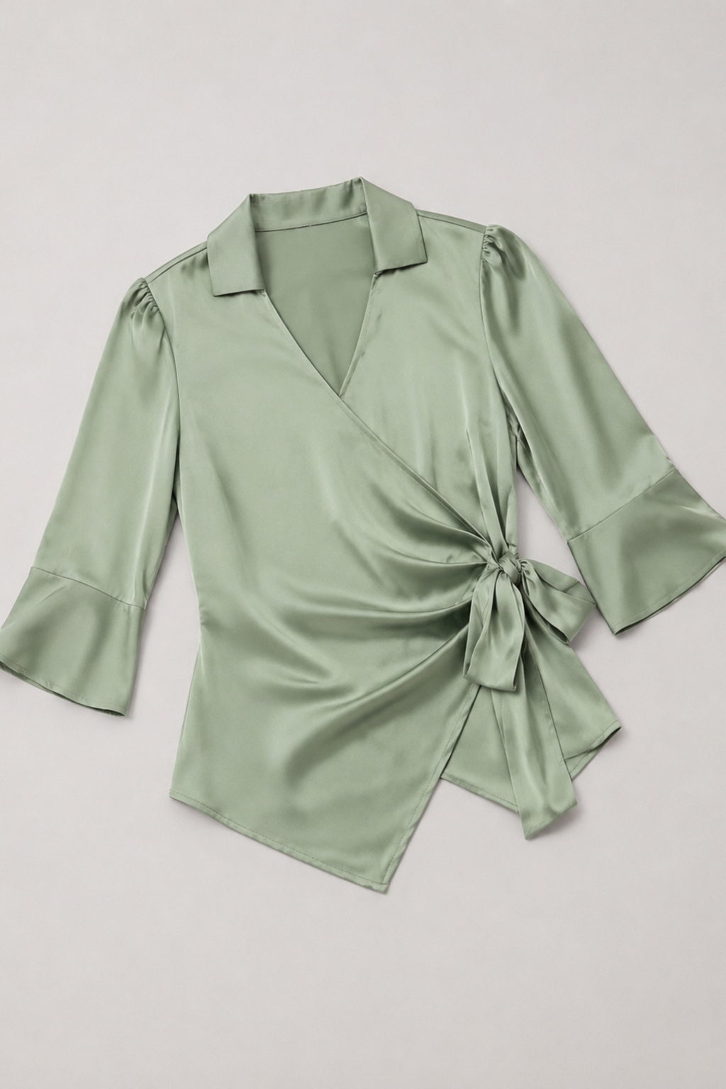 Wrap-Front Tie-Waist Blouse in Light Green, flat lay