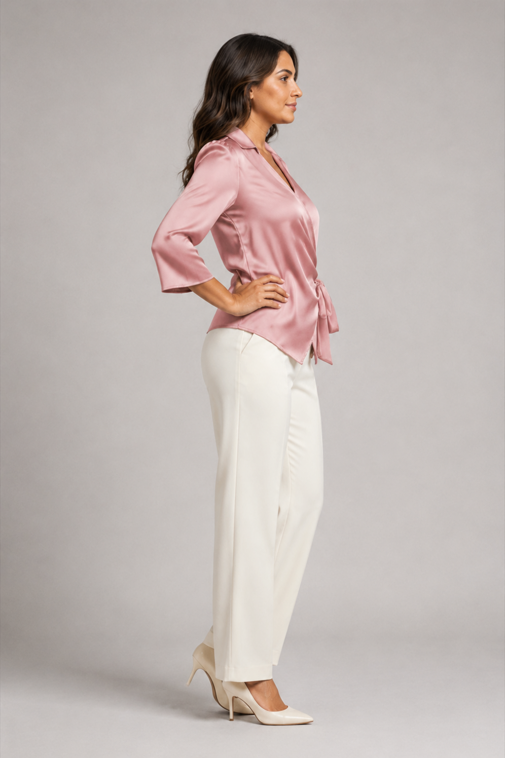 Wrap-Front Tie-Waist Blouse in Pink, side view