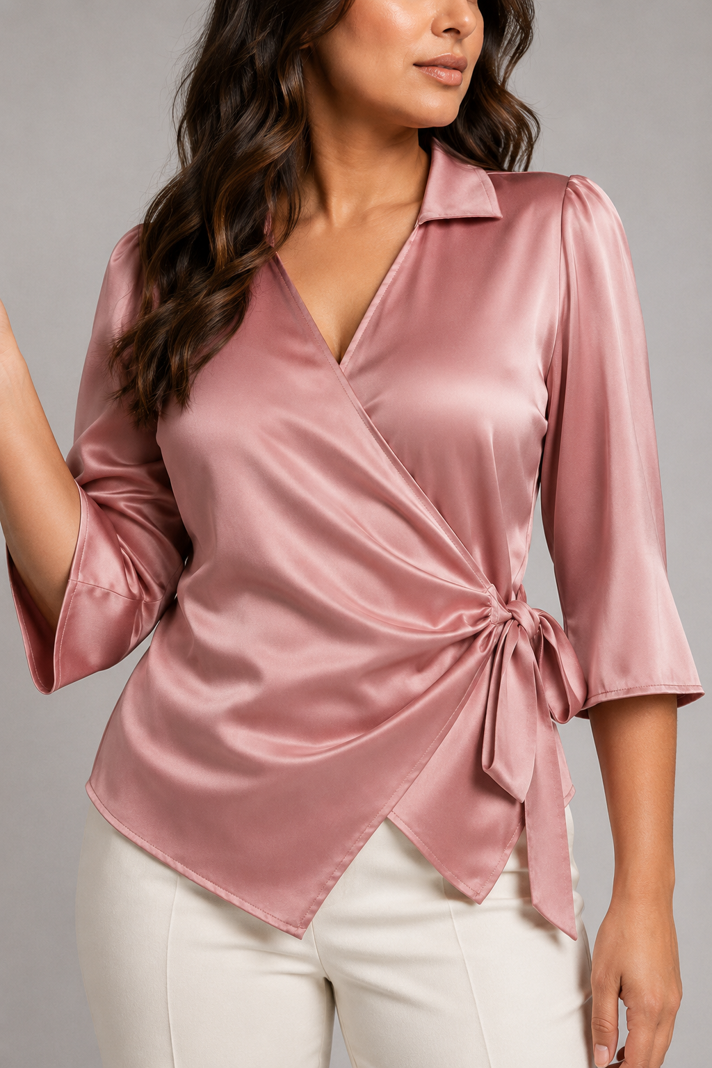 Wrap-Front Tie-Waist Blouse in Pink, fabric detail