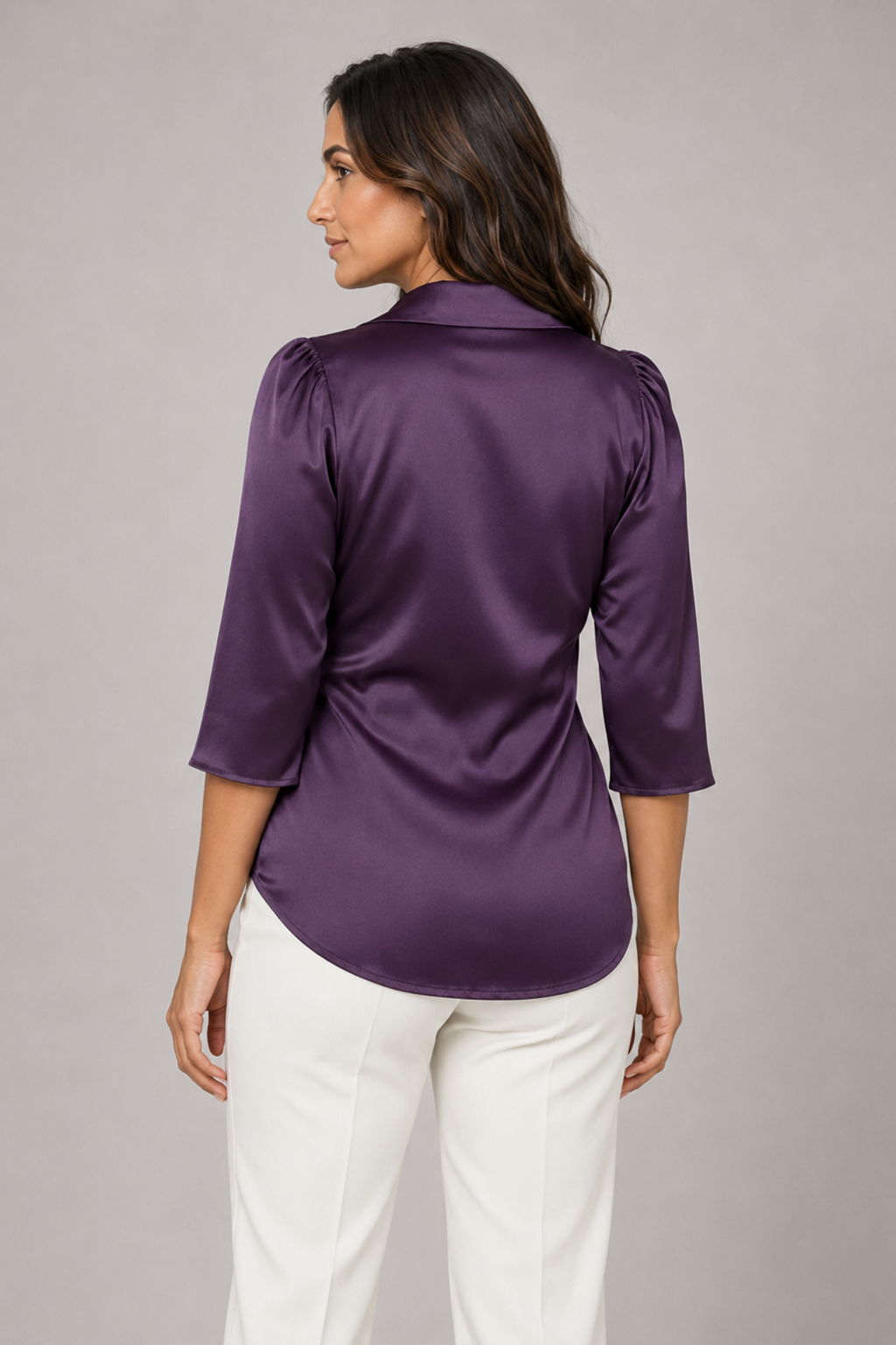 Wrap-Front Tie-Waist Blouse in Purple, back view