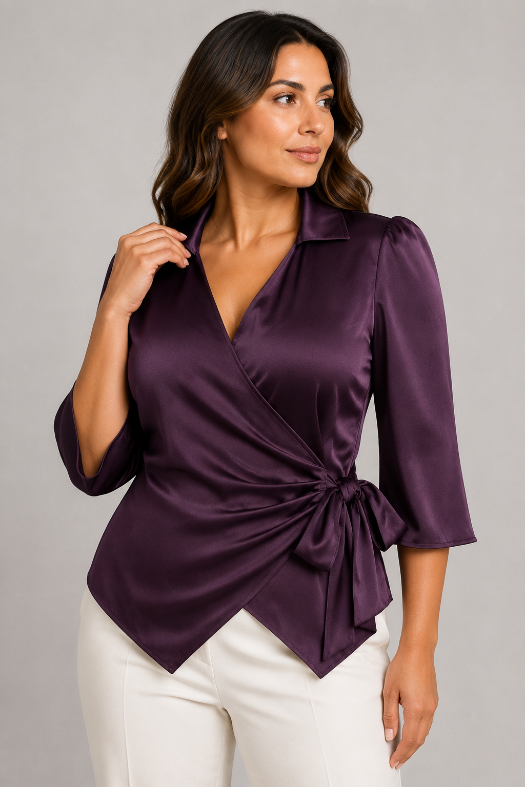 Wrap-Front Tie-Waist Blouse in Purple, fabric detail