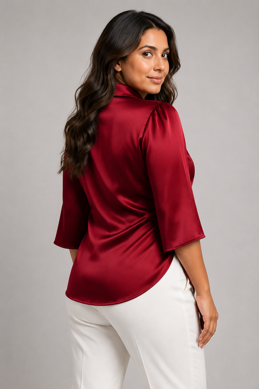 Wrap-Front Tie-Waist Blouse in Red, back view