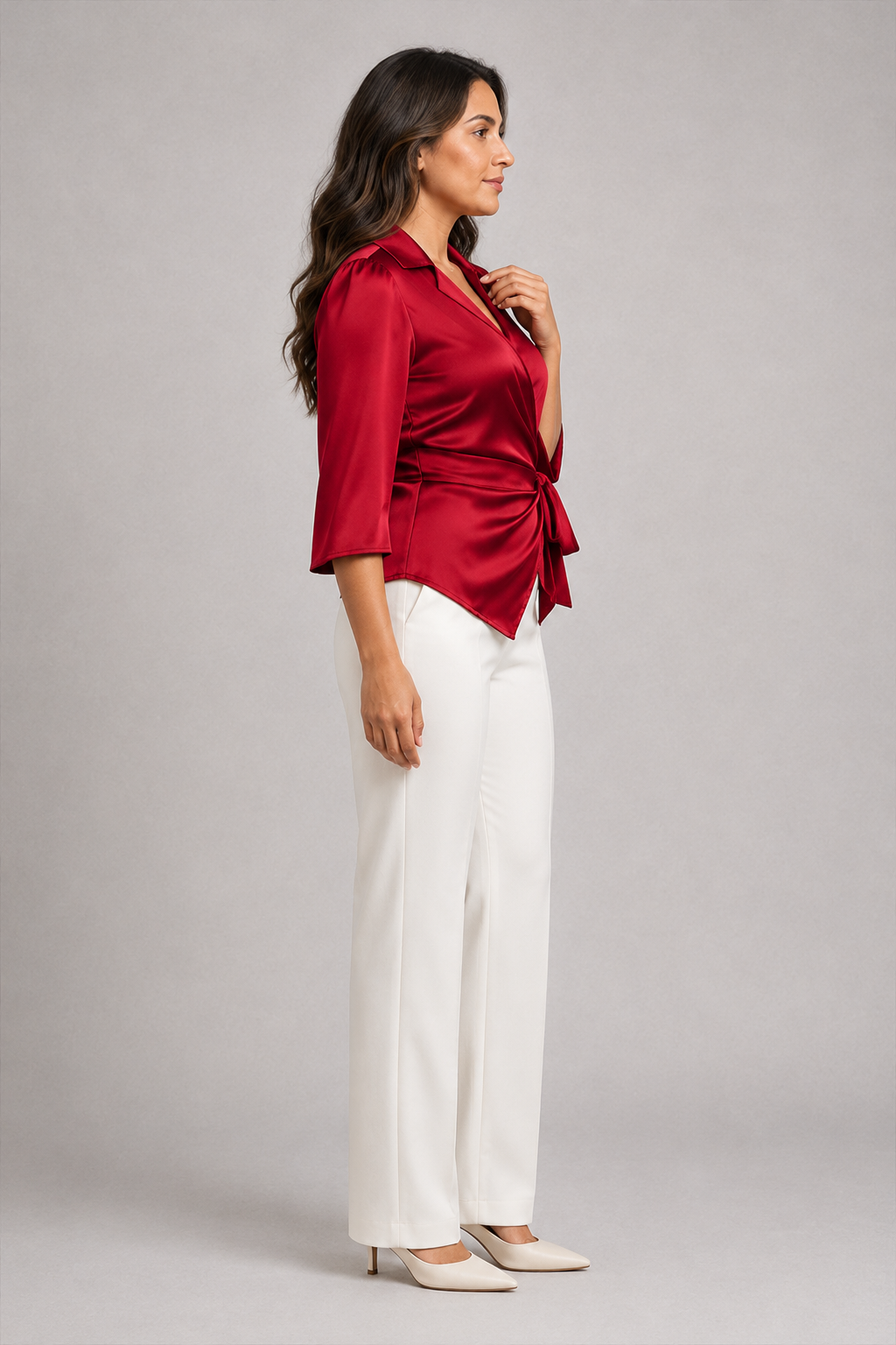 Wrap-Front Tie-Waist Blouse in Red, side view