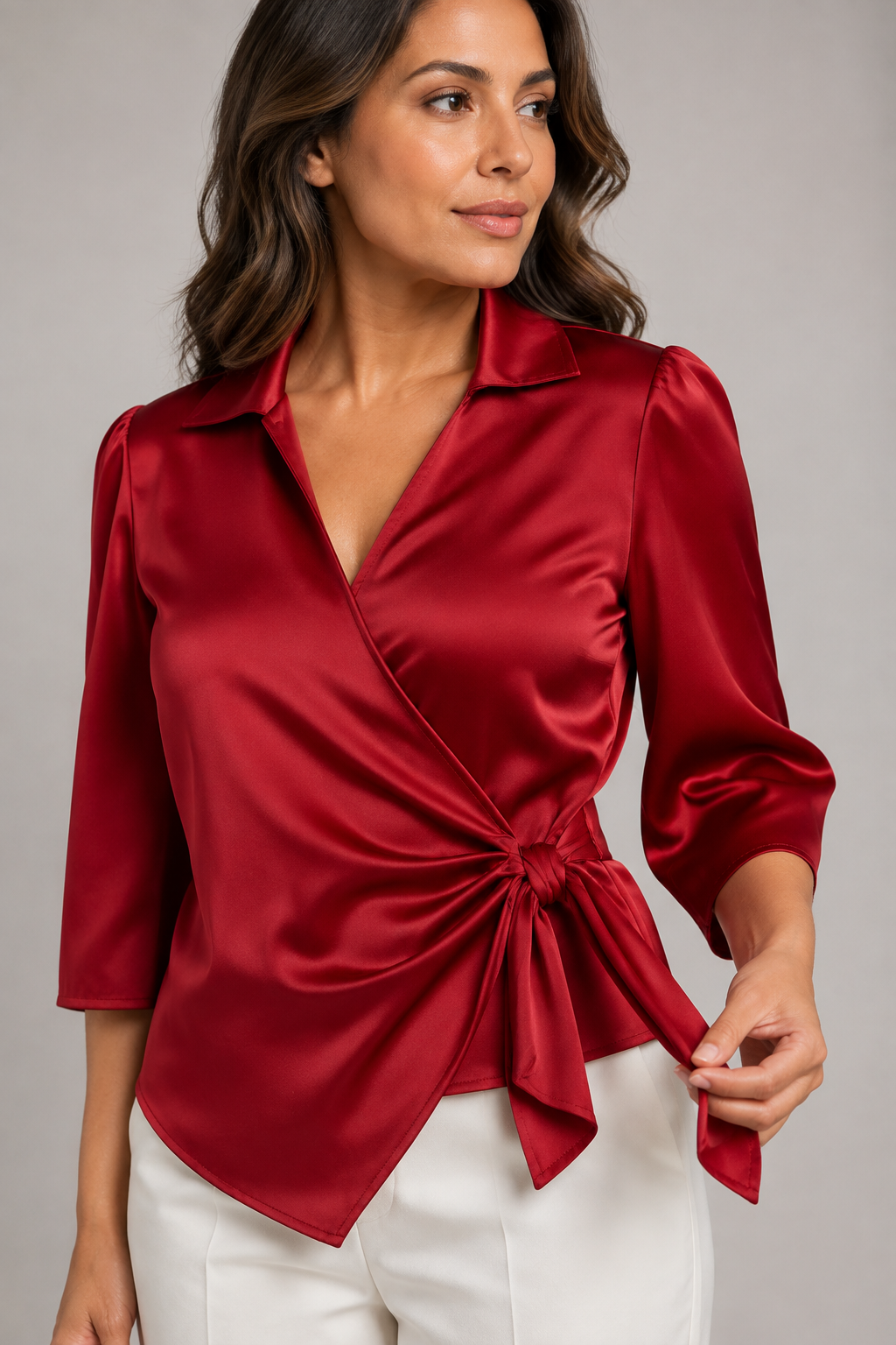 Wrap-Front Tie-Waist Blouse in Red, waistband construction detail