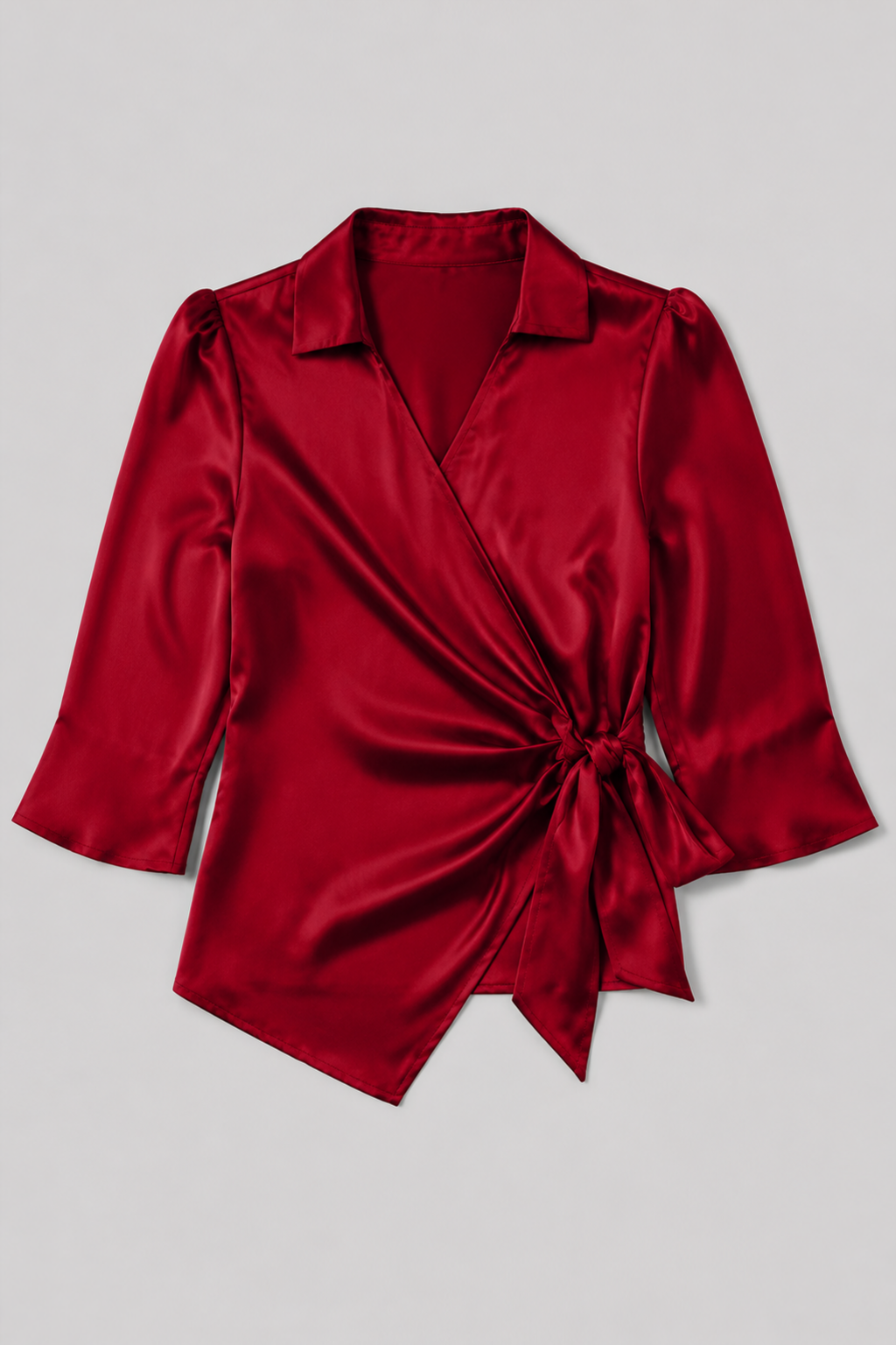 Wrap-Front Tie-Waist Blouse in Red, flat lay