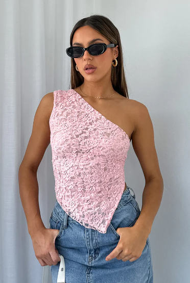 Asymmetric One-Shoulder Lace Top in Pink
