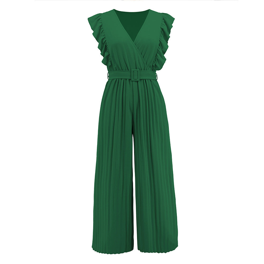 Women's Elegant Wide Leg Jumpsuit with V Neck and Belt