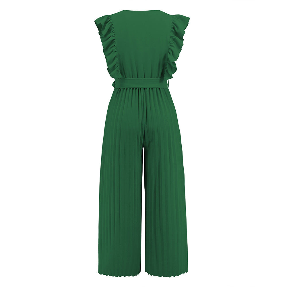 Women's Elegant Wide Leg Jumpsuit with V Neck and Belt