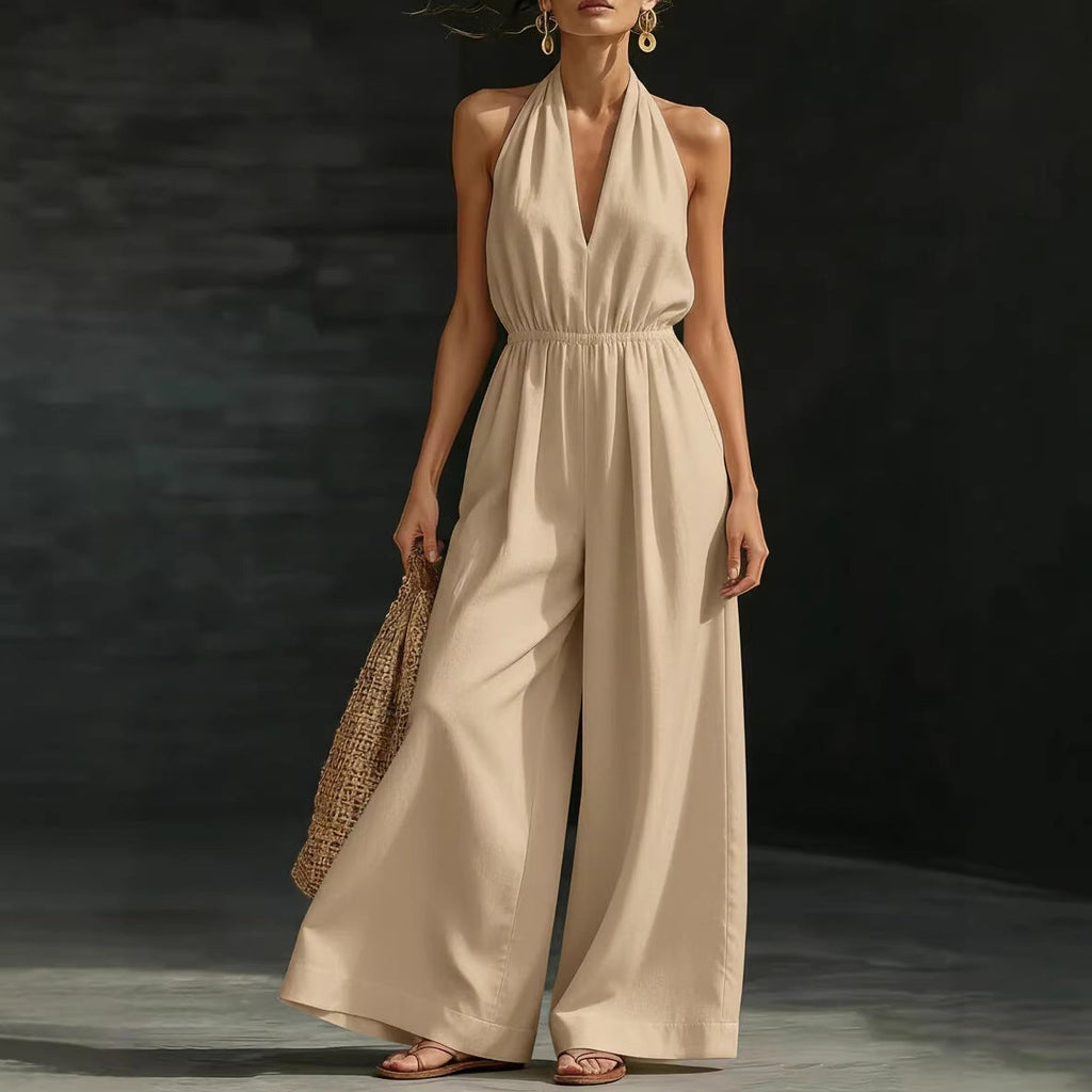 Women's V-Neck Halter Neck Wide-Leg Jumpsuit