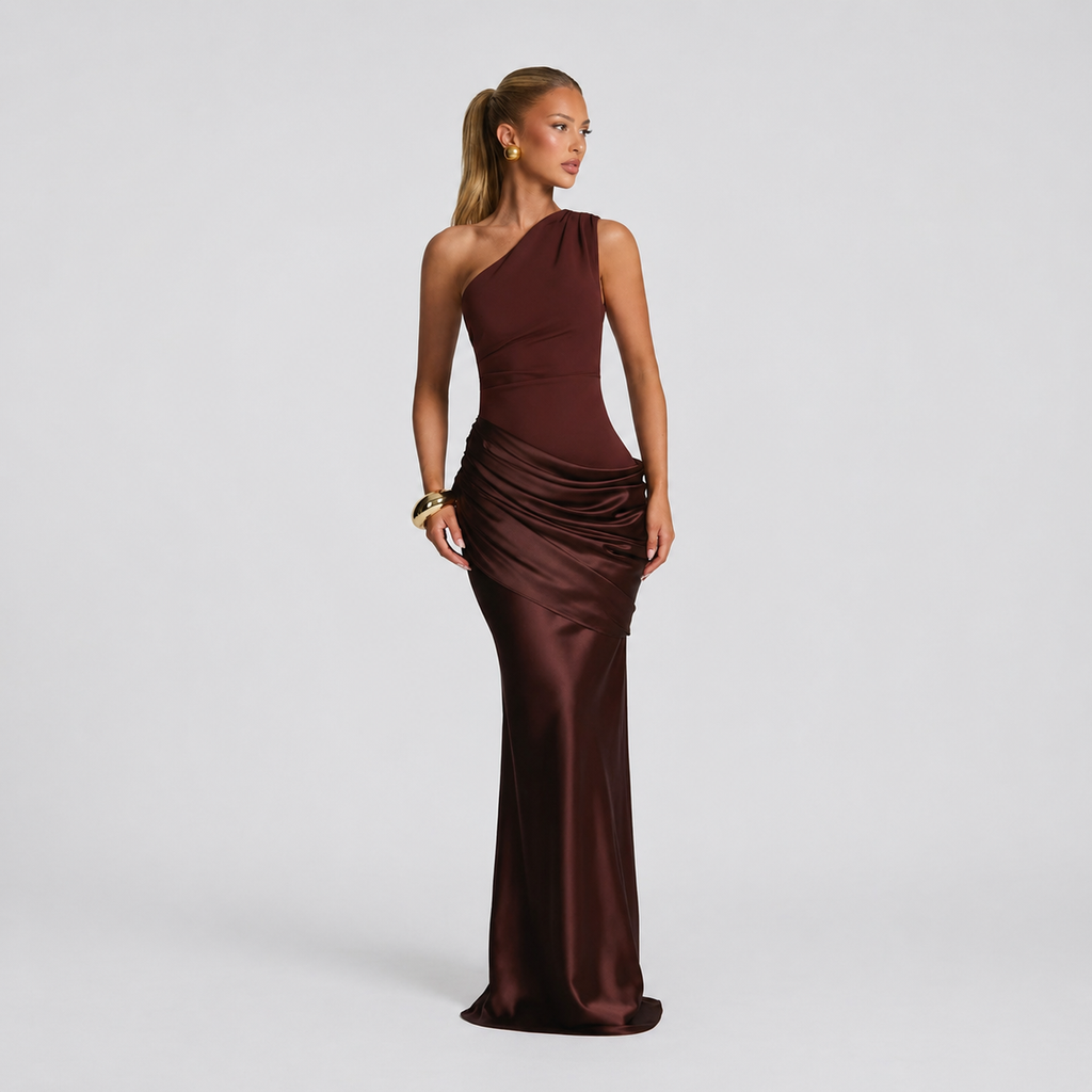 Women’s Elegant One Shoulder Ruched Evening Maxi Dress