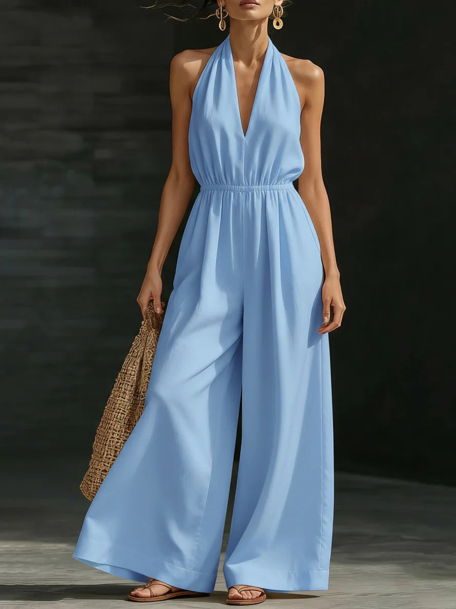 Women's V-Neck Halter Neck Wide-Leg Jumpsuit