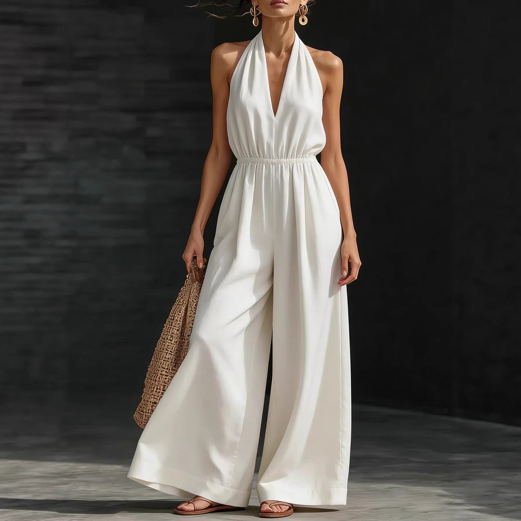 Women's V-Neck Halter Neck Wide-Leg Jumpsuit