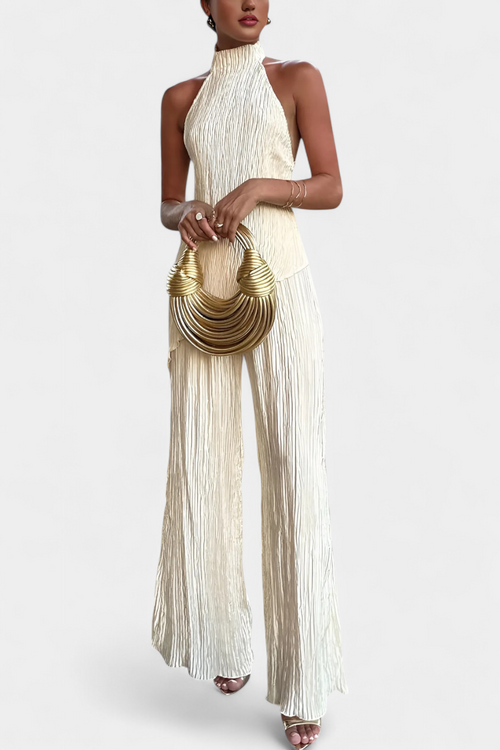 Asymmetric Pleated Wide-Leg Set in Khaki