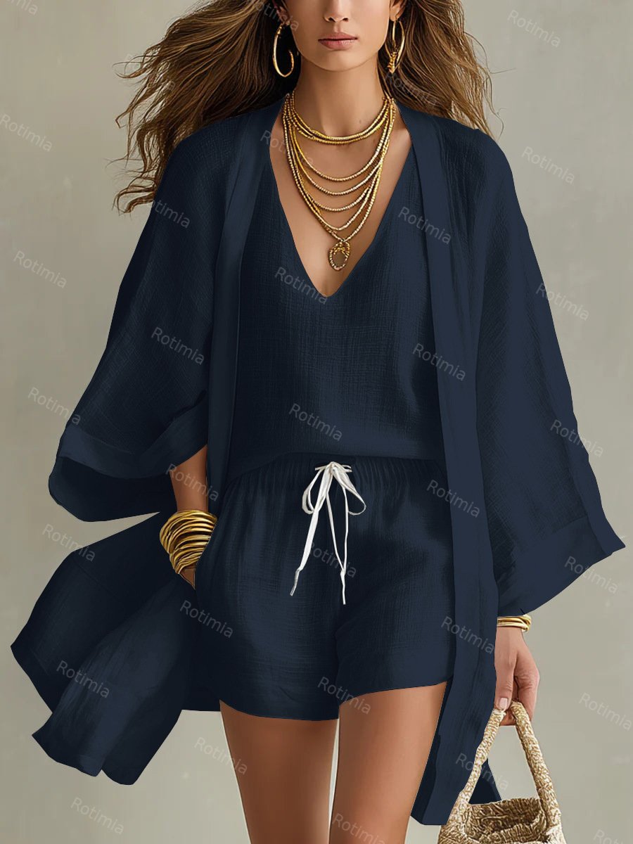 Casual, losvallende katoen-linnen midi-cardigan, mouwloos vestje en short, driedelige set
