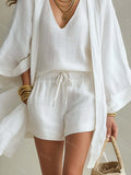 Casual, losvallende katoen-linnen midi-cardigan, mouwloos vestje en short, driedelige set